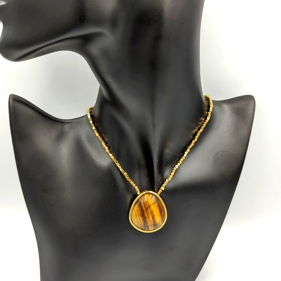 Vintage Monet Gold Tone Beaded Necklace with Tiger's Eye Gold Tone Pendant - Picture 1 of 9